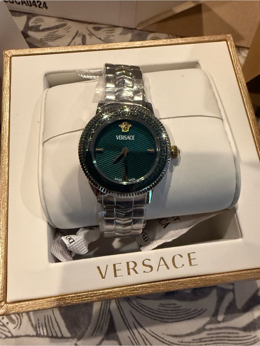 Versace Silver Bracelet Watch with Green Dial and Gold Accents